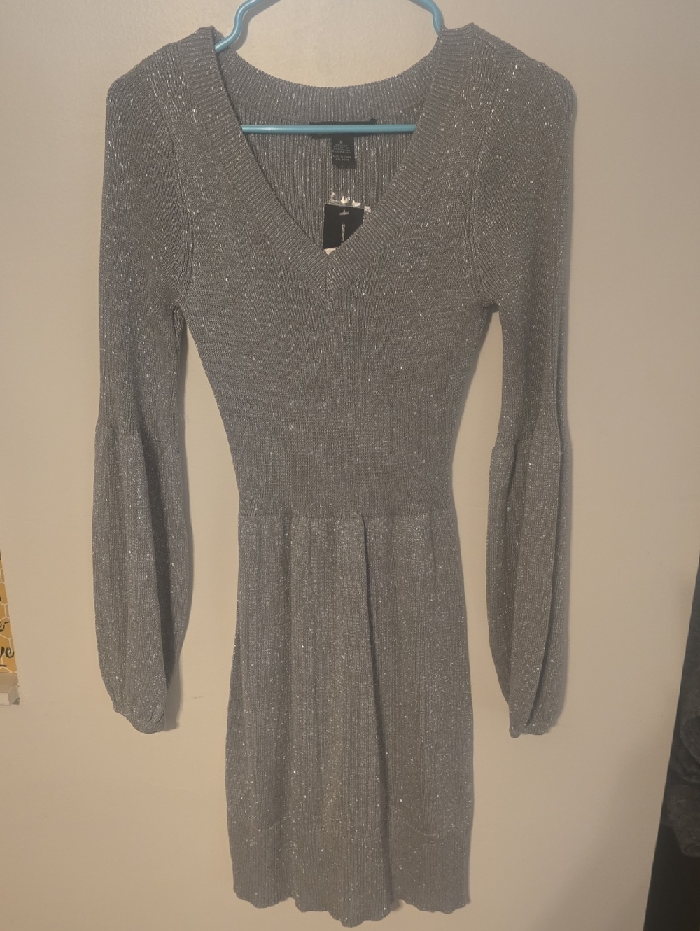 INC International Concepts Silver Sparkle V-Neck Long Sleeve Dress